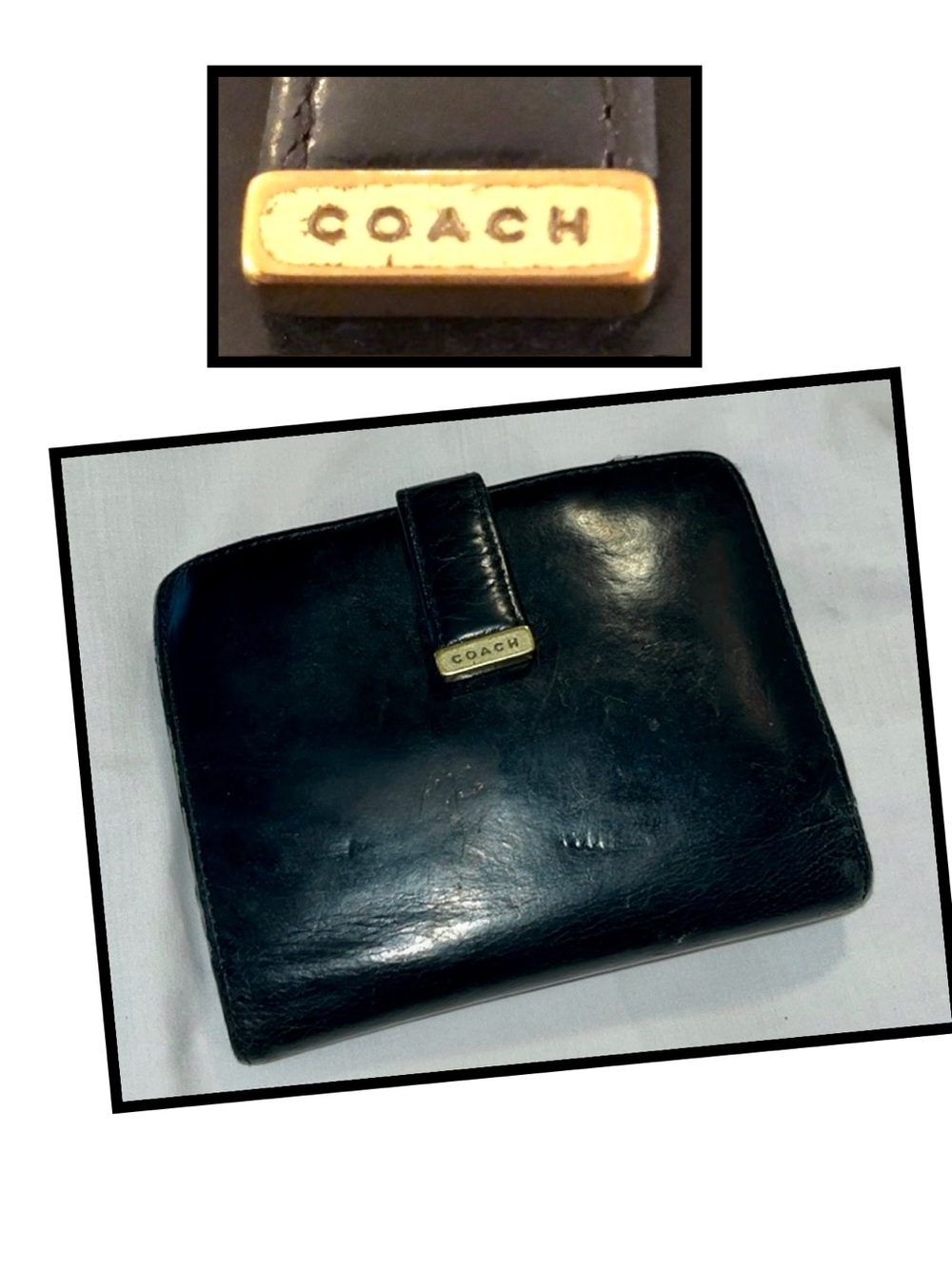 Vintage Coach black leather Wallet with kiss-lock change purse and snap front